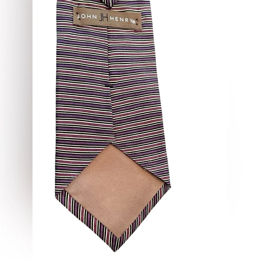 💜🩷JOHN HENRY Striped Black, Purple, Pink and Tan Men’s Tie. Pure Silk.